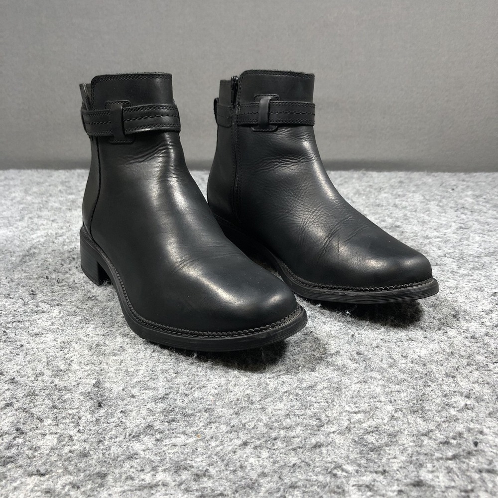 Clarks Ankle Booties Womens 11.5 M Black Leather Strap Zip Block Heel Comfort